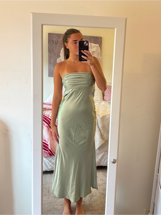 One And Only Collective Dresses & Skirts - Strapless Sage Green Midi Dress with Ruched Bodice